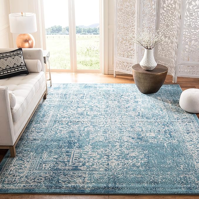 SAFAVIEH Evoke Collection Area Rug - 9' Square, Blue & Ivory, Distressed Design, Non-Shedding & Easy to Clean, Ideal for Living Room, Bedroom, Dining Space (EVK256C)