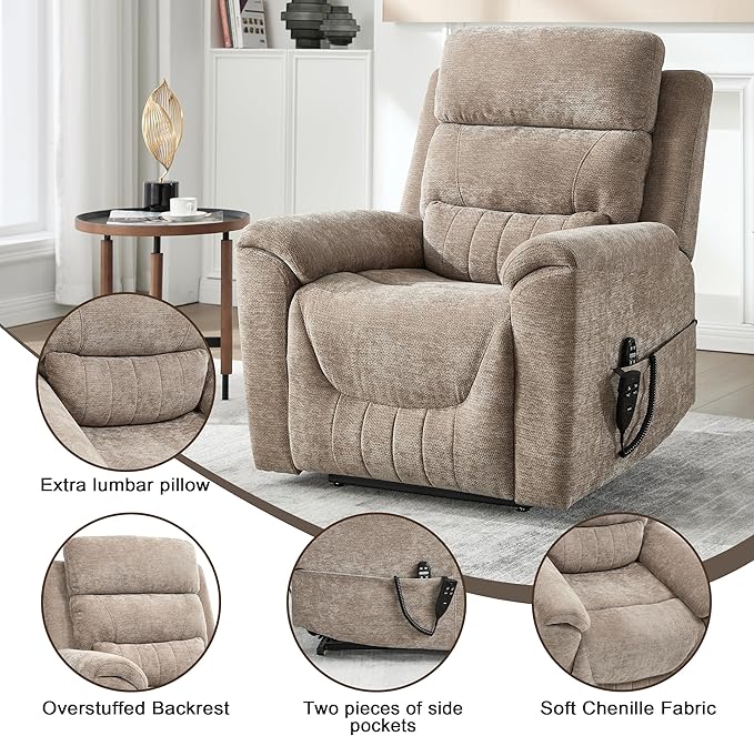 Power Lift Recliner Chair for Elderly People, Dual Motor Lay Flat Recliner with Vibration Massage and Heat, Heavy Duty Motion Mechanism Standing Assistance Reclining Chair, Chenille Fabric Khaki