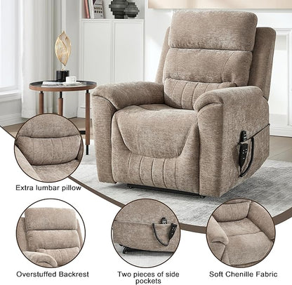 Power Lift Recliner Chair for Elderly People, Dual Motor Lay Flat Recliner with Vibration Massage and Heat, Heavy Duty Motion Mechanism Standing Assistance Reclining Chair, Chenille Fabric Khaki