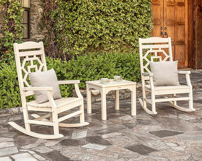 Martha Stewart by POLYWOOD Chinoiserie 3-Piece Outdoor Rocking Chair Set with Patio Side Table, Slate Grey, HDPE All-Weather Furniture, Classic Porch Rockers for Deck, Garden & Backyard, Made in USA