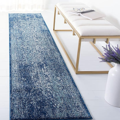 SAFAVIEH Evoke Collection Runner Rug - 2'2" x 9', Navy & Ivory, Distressed Design, Non-Shedding & Easy to Clean, Ideal for Foyer, Bedroom, Kitchen, Hallway (EVK256A)