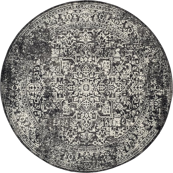SAFAVIEH Evoke Collection Area Rug - 3' Round, Black & Grey, Distressed Design, Non-Shedding & Easy to Clean, Ideal for Foyer, Bedroom, Accent Space (EVK256R)