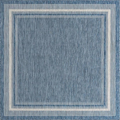 Unique Loom Outdoor Border Collection Area Rug - Soft Border (7' 10" Square, Blue/ Ivory)