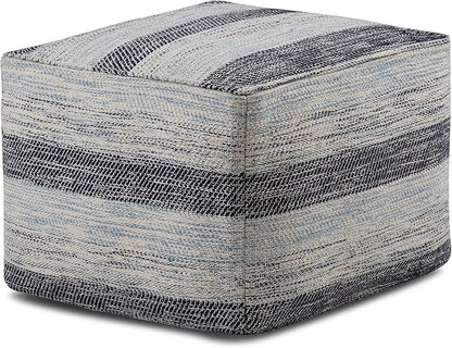 SIMPLIHOME Clay Boho Square Pouf in Patterned Blue Melange Cotton for the Living Room, Bedroom and Kids Room