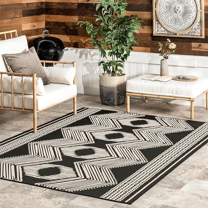 nuLOOM 6' 7" x 9' Outdoor Tribal Geometric Area Rug, Stain Resistant, Weather Resistant, High Traffic, Patio, Balcony, Outside, Ranya Black