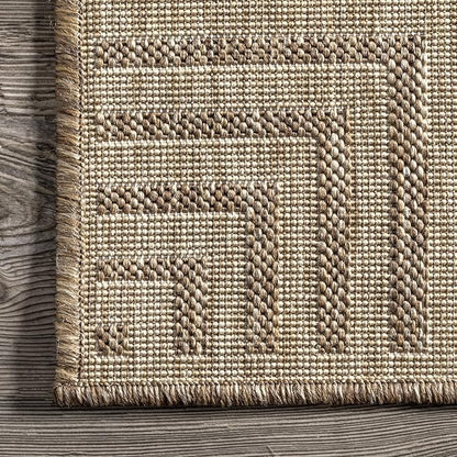 nuLOOM 6' 7" x 9' Outdoor Area Rug, Casual Design With Striped Border, Stain Resistant, Highly Durable, For Patio, Balcony, Bedroom, Living Room, Dining Room, Bathroom, Light Brown