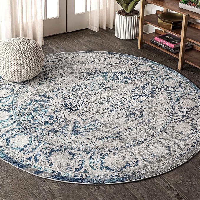 JONATHAN Y Modern Vintage Medallion Navy/Light Gray 6' Round Indoor Area Rug, Country, Floral, Easy-Cleaning for Living Room, Bedroom, Kitchen, Pet Friendly, Non-Shedding (MDP100B-6R)