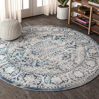 JONATHAN Y Modern Vintage Medallion Navy/Light Gray 6' Round Indoor Area Rug, Country, Floral, Easy-Cleaning for Living Room, Bedroom, Kitchen, Pet Friendly, Non-Shedding (MDP100B-6R)
