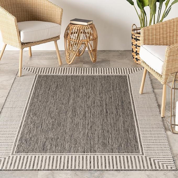 nuLOOM 10' x 14' Outdoor Area Rug, Casual Design with Striped Border, Stain Resistant, Highly Durable, for Patio, Balcony, Bedroom, Living Room, Dining Room, Bathroom, Steel