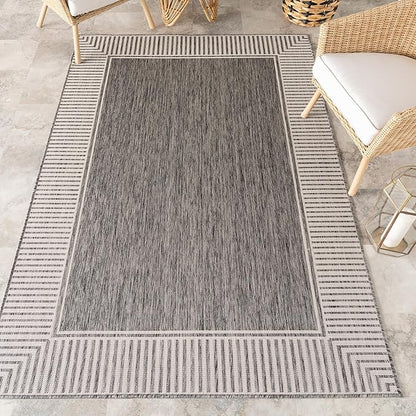 nuLOOM 8' x 10' Outdoor Area Rug, Casual Design with Striped Border, Stain Resistant, Highly Durable, for Patio, Balcony, Bedroom, Living Room, Dining Room, Bathroom, Steel