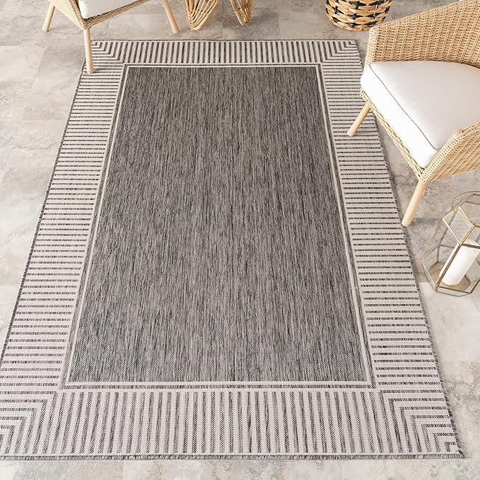 nuLOOM 10' x 14' Outdoor Area Rug, Casual Design with Striped Border, Stain Resistant, Highly Durable, for Patio, Balcony, Bedroom, Living Room, Dining Room, Bathroom, Steel