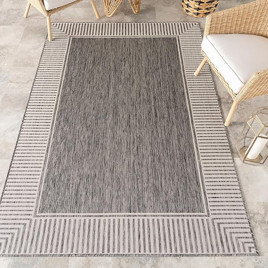 nuLOOM 10' x 14' Outdoor Area Rug, Casual Design with Striped Border, Stain Resistant, Highly Durable, for Patio, Balcony, Bedroom, Living Room, Dining Room, Bathroom, Steel
