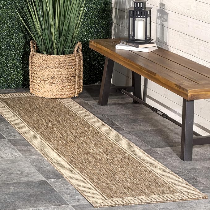nuLOOM 6' 7" x 9' Outdoor Area Rug, Casual Design With Striped Border, Stain Resistant, Highly Durable, For Patio, Balcony, Bedroom, Living Room, Dining Room, Bathroom, Light Brown