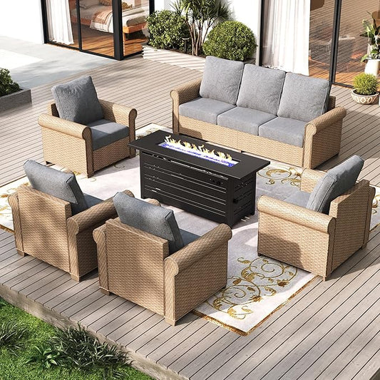 Patio Furniture Set 6 pcs, Wicker Rattan Outdoor Furniture with 5.5” Thick Cushions, 3-Seat Sofa, 4 Chairs and 56" Fire Pit Table, Outdoor Conversation Set for Garden Backyard Deck, 7 Seats Grey