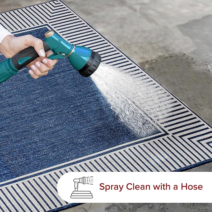 nuLOOM 2' x 8' Outdoor Area Rug, Casual Design With Striped Border, Stain Resistant, Highly Durable, For Patio, Balcony, Bedroom, Living Room, Dining Room, Bathroom, Navy