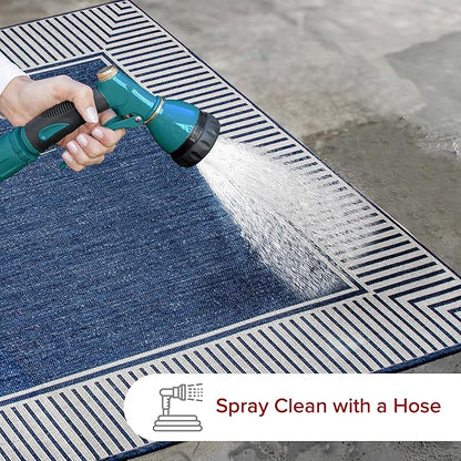 nuLOOM 8' Square Outdoor Area Rug, Casual Design with Striped Border, Stain Resistant, Highly Durable, for Patio, Balcony, Bedroom, Living Room, Dining Room, Bathroom, Navy