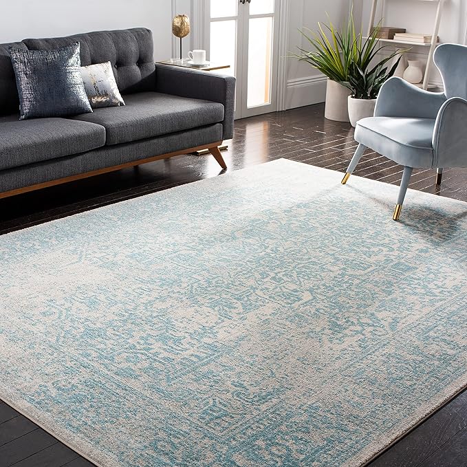 SAFAVIEH Area Rug 10x14 - Evoke Collection - Large - Ivory & Aqua, Distressed Design, Non-Shedding & Easy to Clean, Ideal for Living Room, Bedroom, Dining Space (EVK256J)