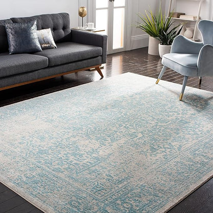 SAFAVIEH Evoke Collection 8' x 10' Ivory / Aqua EVK256J Oriental Distressed Non-Shedding Living Room Bedroom Dining Home Office Area Rug