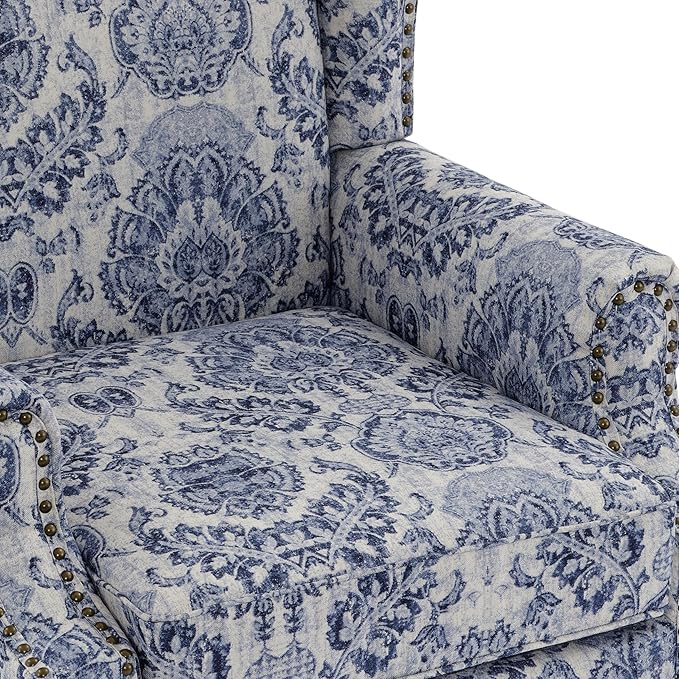 Pia Ricco Set of 2 Floral Accent Chairs, High Back Upholstered Armchairs with Retro Wingback Design, Nailhead Trim & Solid Wood Legs for Living Room Bedroom(Flower Navy)