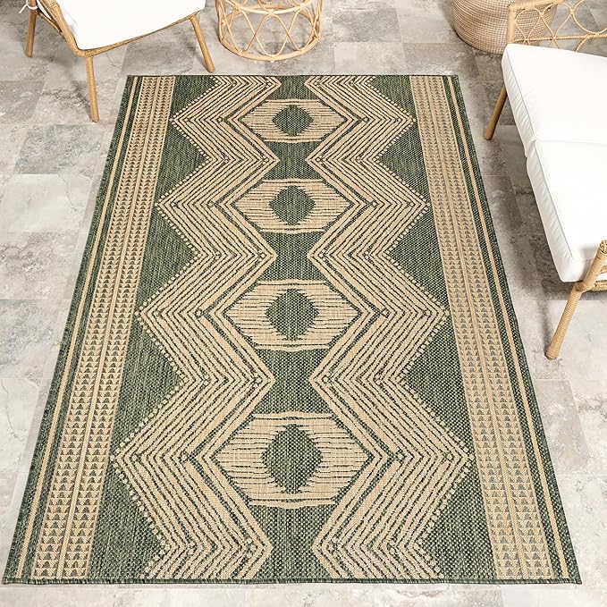 nuLOOM 6' 7" x 9' Outdoor Tribal Geometric Area Rug, Stain Resistant, Weather Resistant, High Traffic, Patio, Balcony, Outside, Ranya Green