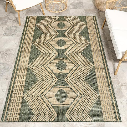 nuLOOM 6' 7" x 9' Outdoor Tribal Geometric Area Rug, Stain Resistant, Weather Resistant, High Traffic, Patio, Balcony, Outside, Ranya Green