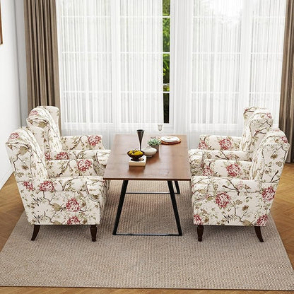 Accent Chair, Upholstered High Back Floral Armchair with Nailhead Trim & Wood Legs, Comfy Wingback Reading Single Sofa Chair for Small Spaces, Living Room, Bedroom (Pink Floral, Set of 2)