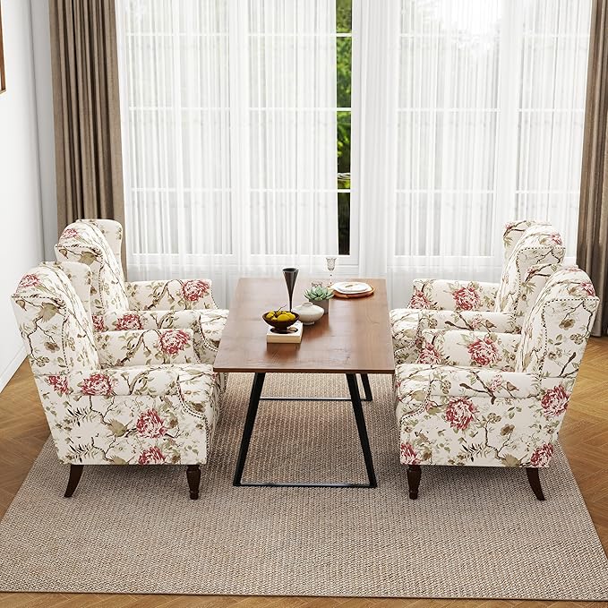 Accent Chair, Upholstered High Back Floral Armchair with Nailhead Trim & Wood Legs, Comfy Wingback Reading Single Sofa Chair for Small Spaces, Living Room, Bedroom-Pink Floral, Set of 1