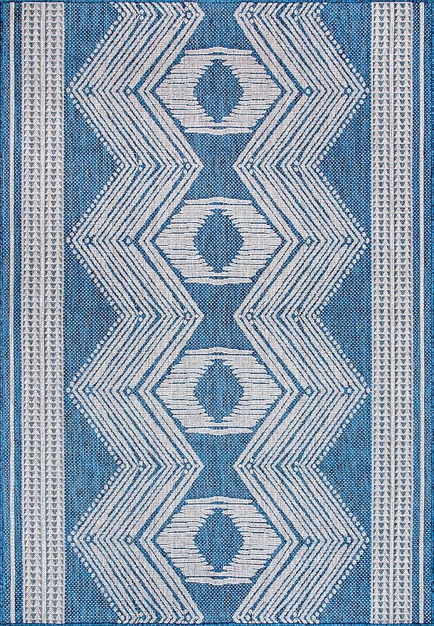 nuLOOM 4' x 6' Outdoor Tribal Geometric Area Rug, Stain Resistant, Weather Resistant, High Traffic, Patio, Balcony, Outside, Ranya Blue