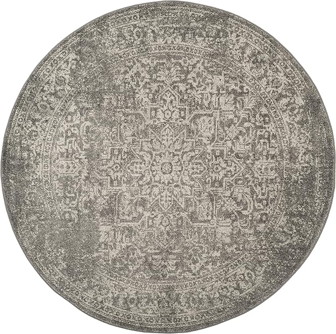 SAFAVIEH Evoke Collection Area Rug - 9' Round, Silver & Ivory, Distressed Design, Non-Shedding & Easy to Clean, Ideal for Living Room, Bedroom, Dining Space (EVK256S)
