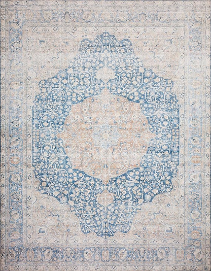Loloi Layla Collection LAY-07 Blue/Tangerine 9'-0" x 12'-0" .13" Thick Area Rug, Soft, Durable, Vintage Inspired, Distressed, Low Pile, Non-Shedding, Easy Clean, Printed, Living Room Rug