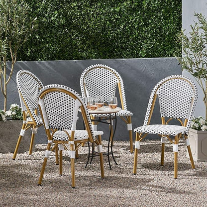 Christopher Knight Home Philomena Outdoor French Bistro Chair (Set of 4), Black + White + Bamboo Print Finish