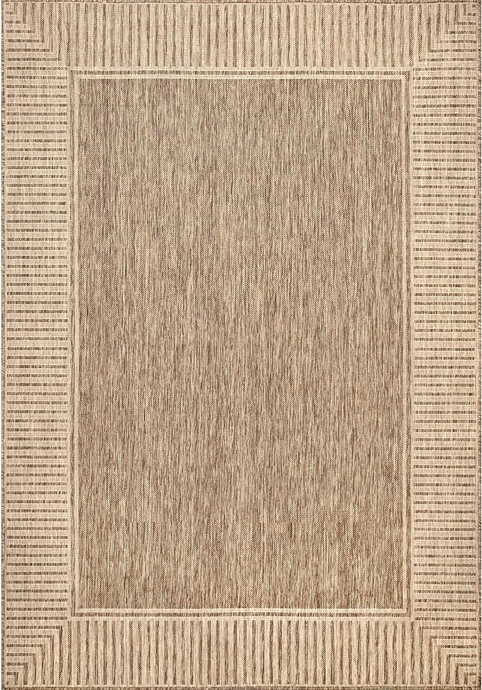 nuLOOM 6' 7" x 9' Outdoor Area Rug, Casual Design With Striped Border, Stain Resistant, Highly Durable, For Patio, Balcony, Bedroom, Living Room, Dining Room, Bathroom, Light Brown