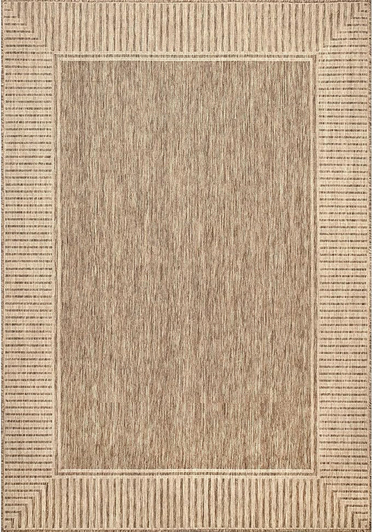 nuLOOM 5' x 8' Outdoor Area Rug, Casual Design With Striped Border, Stain Resistant, Highly Durable, For Patio, Balcony, Bedroom, Living Room, Dining Room, Bathroom, Light Brown