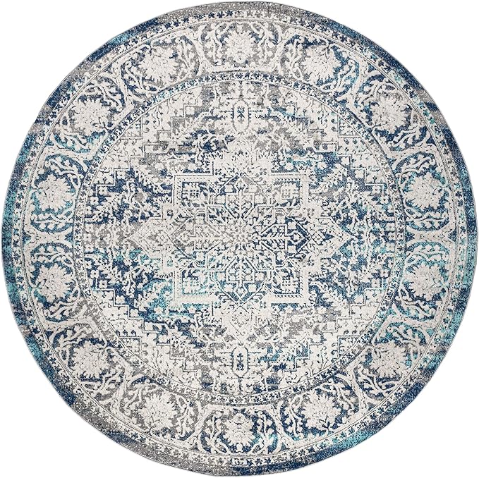 JONATHAN Y Modern Vintage Medallion Navy/Light Gray 9' Round Indoor Area Rug, Country, Floral, Easy-Cleaning for Living Room, Bedroom, Kitchen, Pet Friendly, Non-Shedding (MDP100B-9R)