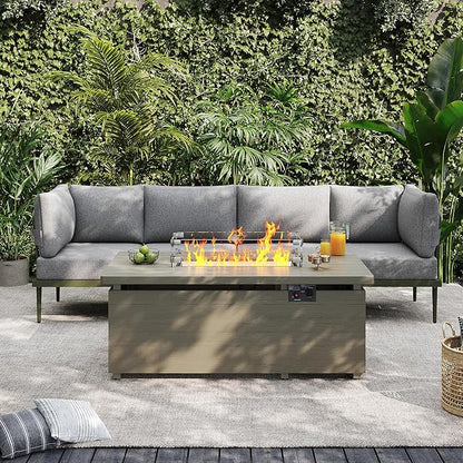 Sundale Outdoor 5 Pieces Patio Furniture Set with Fire Pit Table, Metal Outdoor Sectional Sofa with 6 Inch Olefin Cushion, All-Weather Modern Outdoor Conversation Sets (4 Seats,Green Frame)