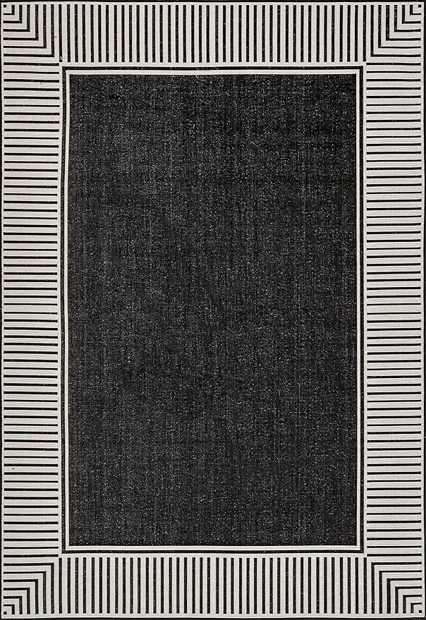 nuLOOM 9'6" x 12' Outdoor Area Rug, Casual Design With Striped Border, Stain Resistant, Highly Durable, For Patio, Balcony, Bedroom, Living Room, Dining Room, Bathroom, Black