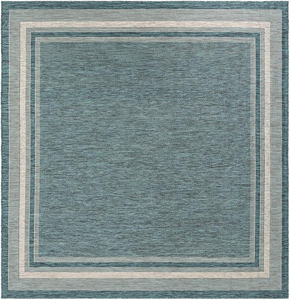 Unique Loom Outdoor Border Collection Area Rug - Soft Border (10' Square Teal/Ivory)