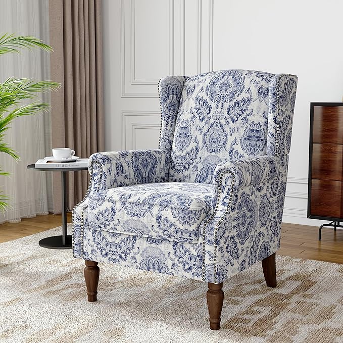 Wingback Accent Chair, High Back Upholstered Armchair, Printed Fabric Wingback Arms Chairs with Wood Legs, Single Sofa Reading Chair for Bedroom Living Room, Navy