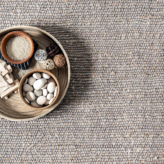 nuLOOM 6' Round Elfriede Jute & Cotton Hand Woven Area Rug, Elfriede Grey, Solid Rustic Farmhouse Style, Weaved Design, Natural Fiber, for Bedroom, Living Room, Dining Room, Hallway, Office, Entryway