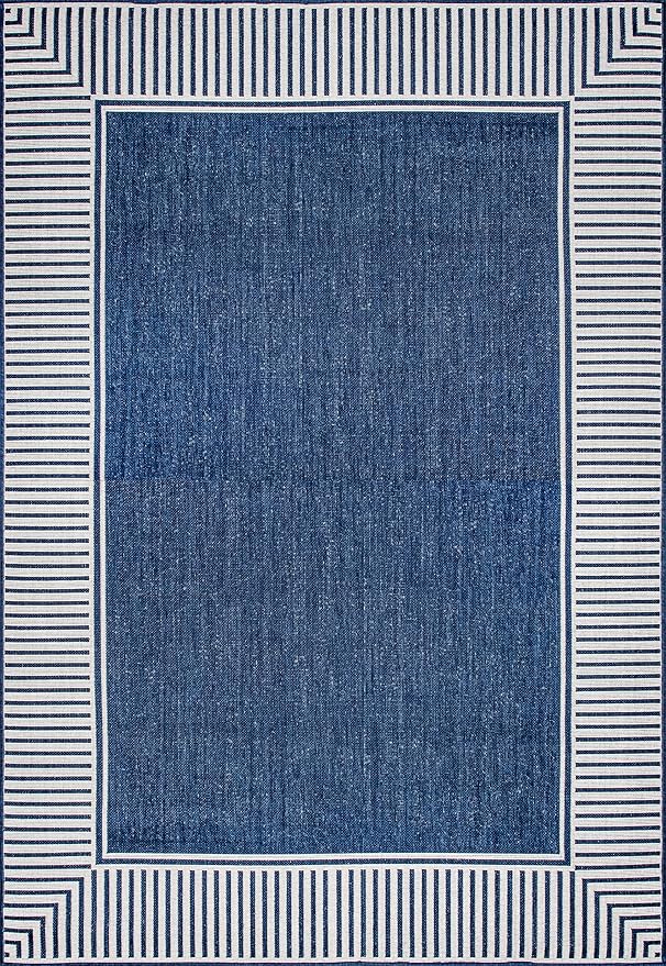 nuLOOM 10' x 12' Outdoor Area Rug, Casual Design With Striped Border, Stain Resistant, Highly Durable, For Patio, Balcony, Bedroom, Living Room, Dining Room, Bathroom, Navy