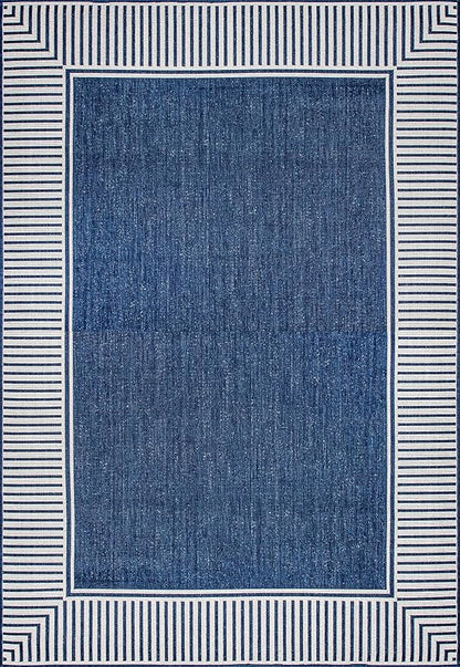 nuLOOM 10' x 12' Outdoor Area Rug, Casual Design With Striped Border, Stain Resistant, Highly Durable, For Patio, Balcony, Bedroom, Living Room, Dining Room, Bathroom, Navy