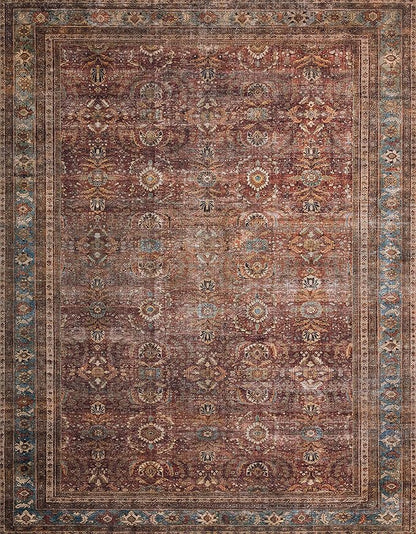 Loloi Layla Collection LAY-01 Brick/Blue 7'-6" x 9'-6" .13" Thick Area Rug, Soft, Durable, Vintage Inspired, Distressed, Low Pile, Non-Shedding, Easy Clean, Printed, Living Room Rug