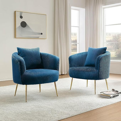 Art Leon Velvet Accent Chair, Upholstered Modern Single Sofa Chair, Comfy Barrel Chair with Golden Metal Legs for Living Room Bedroom, Blue