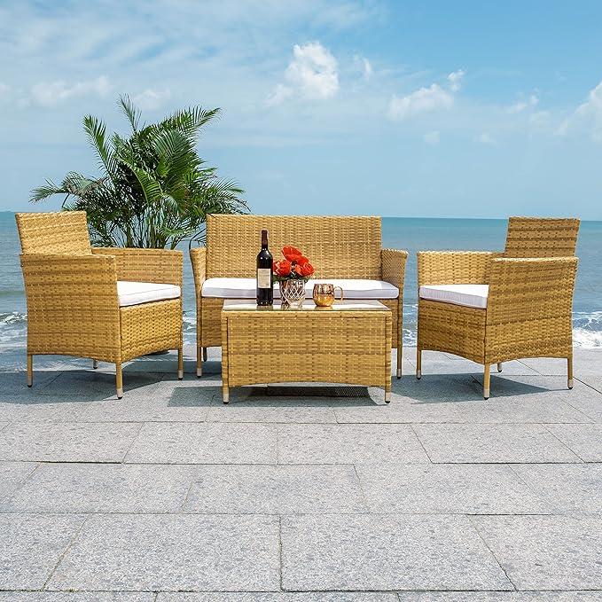 SAFAVIEH Outdoor Collection Bandele Natural/White Cushion 4-Piece Conversation Patio Set PAT7506D