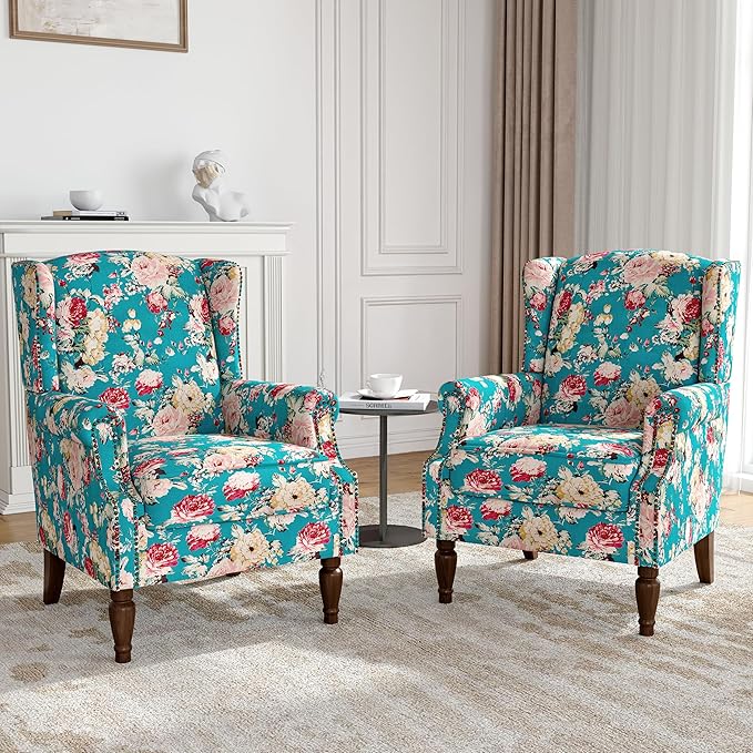 Wingback Accent Chairs Set of 2, High Back Upholstered Armchair, Floral Fabric Wingback Arms Chairs with Retro Solid Wood Legs, Single Sofa Reading Chair for Bedroom Living Room, Peacock Blue