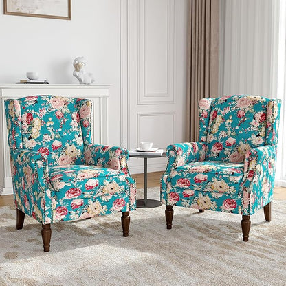 Wingback Accent Chairs Set of 2, High Back Upholstered Armchair, Floral Fabric Wingback Arms Chairs with Retro Solid Wood Legs, Single Sofa Reading Chair for Bedroom Living Room, Peacock Blue