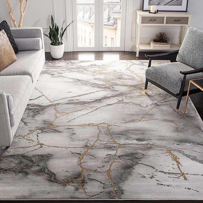 SAFAVIEH Craft Collection Area Rug - 12' Square, Grey & Gold, Modern Abstract Design, Non-Shedding & Easy Care, Ideal for High Traffic Areas in Living Room, Bedroom (CFT877F)