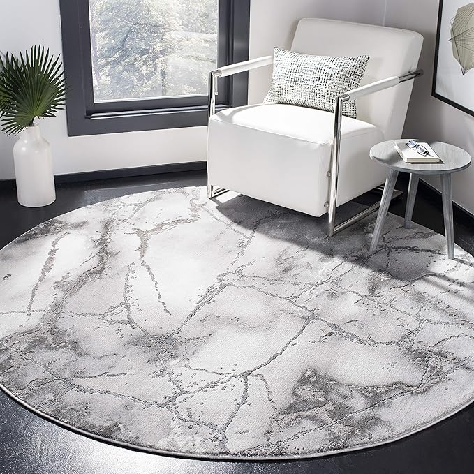 SAFAVIEH Craft Collection Area Rug - 6'7" Round, Grey & Silver, Modern Abstract Design, Non-Shedding & Easy Care, Ideal for High Traffic Areas in Living Room, Bedroom (CFT877G)
