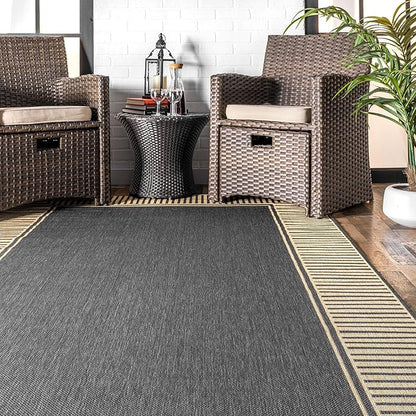 nuLOOM 9'6" x 12' Outdoor Area Rug, Casual Design With Striped Border, Stain Resistant, Highly Durable, For Patio, Balcony, Bedroom, Living Room, Dining Room, Bathroom, Dark Grey