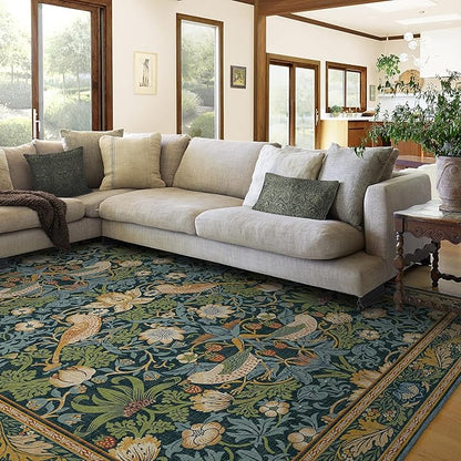 RUGGABLE x Morris & Co Washable Area Rug – Strawberry Thief Indigo 8x10, Stain-Resistant, Non-Slip – Large Machine Washable Rugs for Living Room, Bedroom, Hallway, Entryway & Office–with Standard Pad